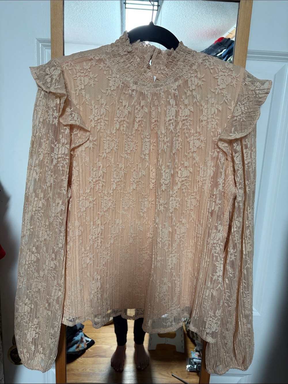 Anthropologie Lace Ruffle High-Neck Blouse - Beige